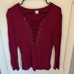 Dark Pink Ribbed Top with V Neck Lace Up from VENUS